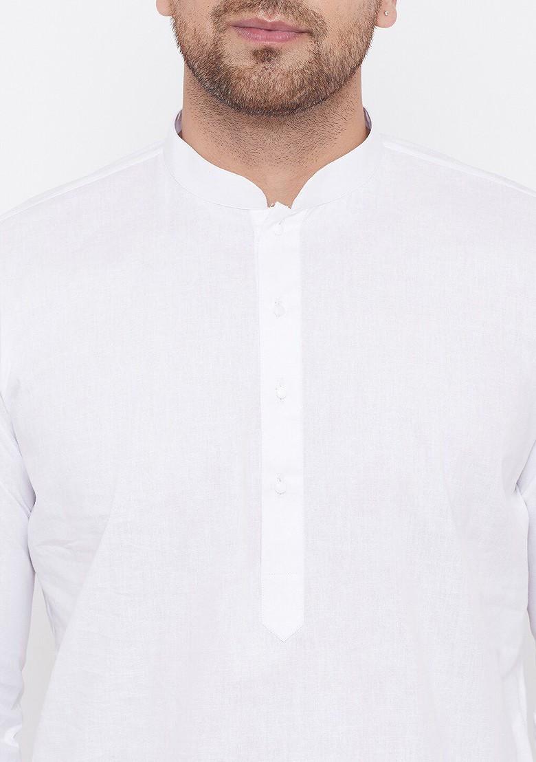 White Solid Poly Blend Kurta Set For Men