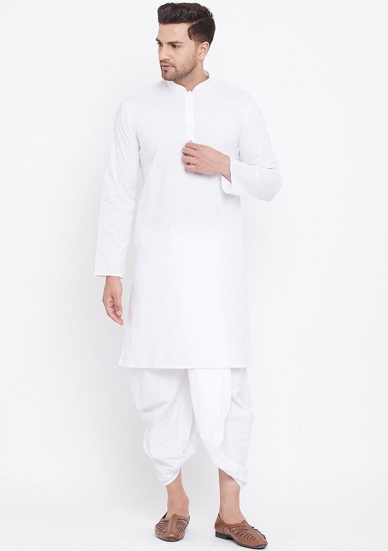 White Solid Poly Blend Kurta Set For Men