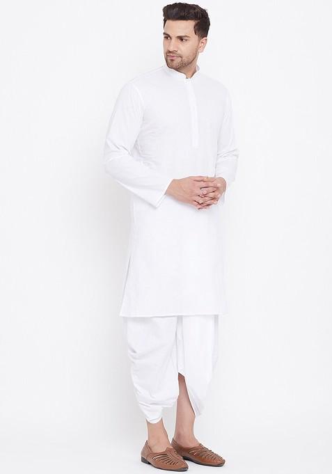 White Solid Poly Blend Kurta Set For Men