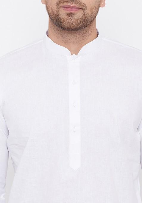 White Solid Poly Blend Kurta Set For Men