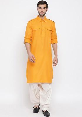 Mustard Solid Poly Blend Kurta Set For Men