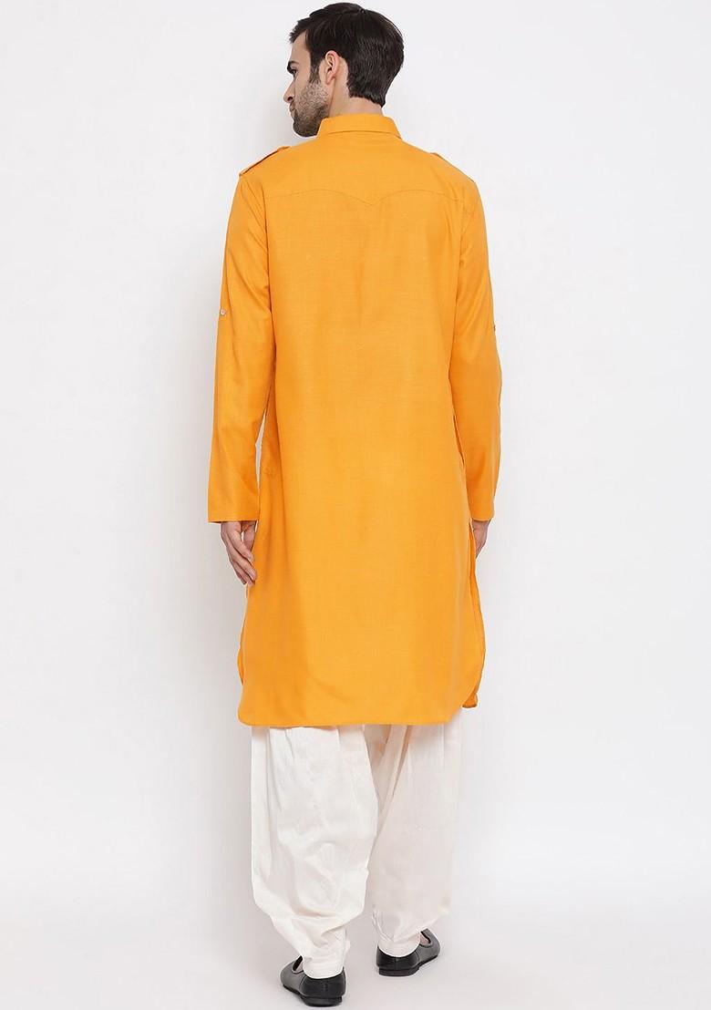 Mustard Solid Poly Blend Kurta Set For Men