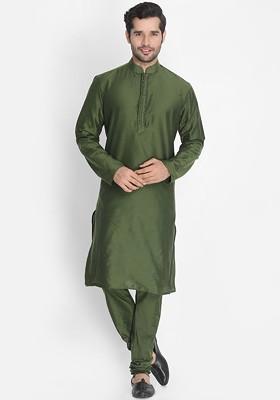 Green Solid Poly Blend Kurta Set For Men