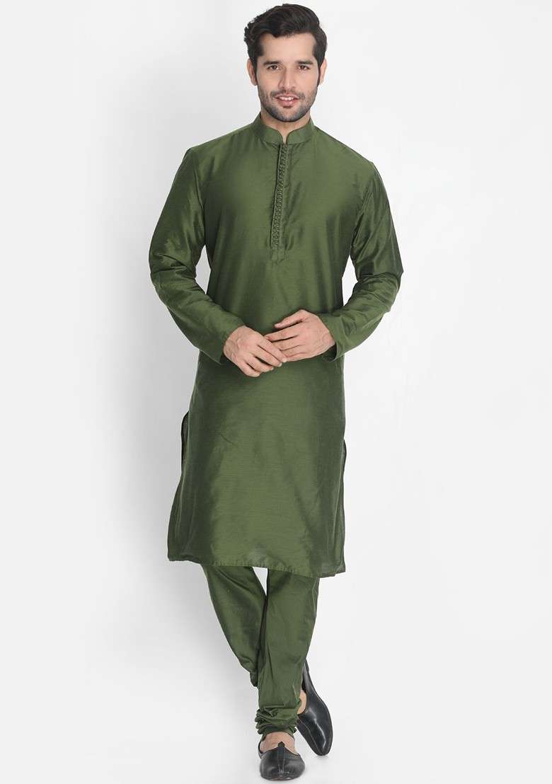 Green Solid Poly Blend Kurta Set For Men - Indya