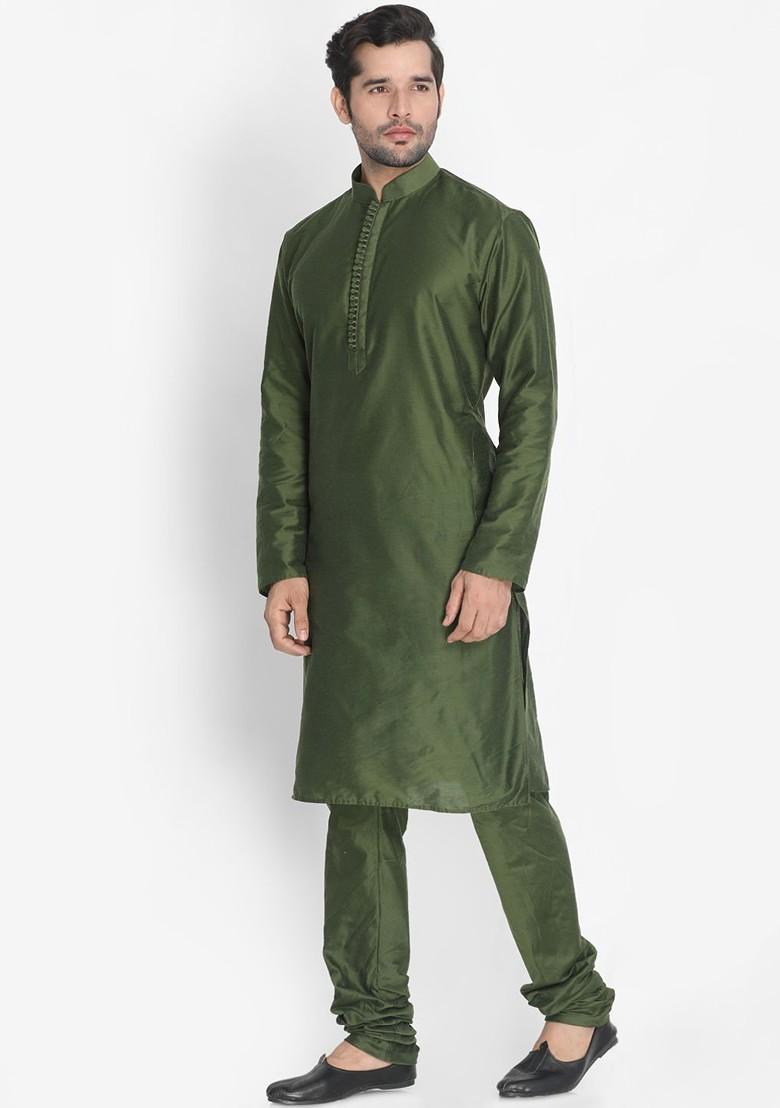 Green Solid Poly Blend Kurta Set For Men