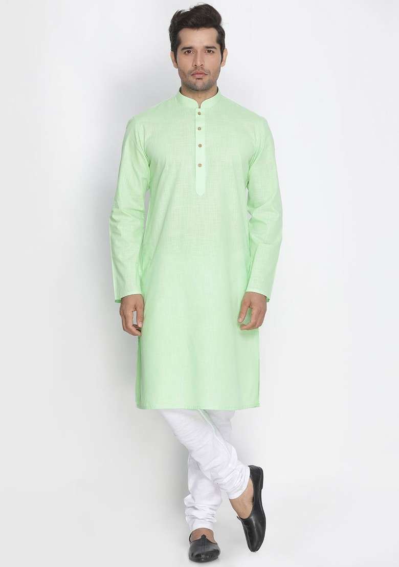 Green Solid Poly Blend Kurta Set For Men - Indya