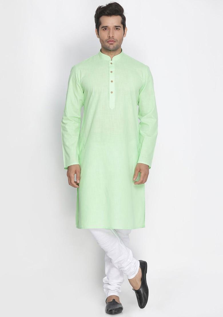 Green Solid Poly Blend Kurta Set For Men