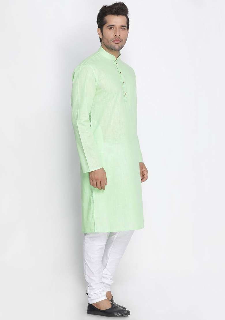 Green Solid Poly Blend Kurta Set For Men - Indya