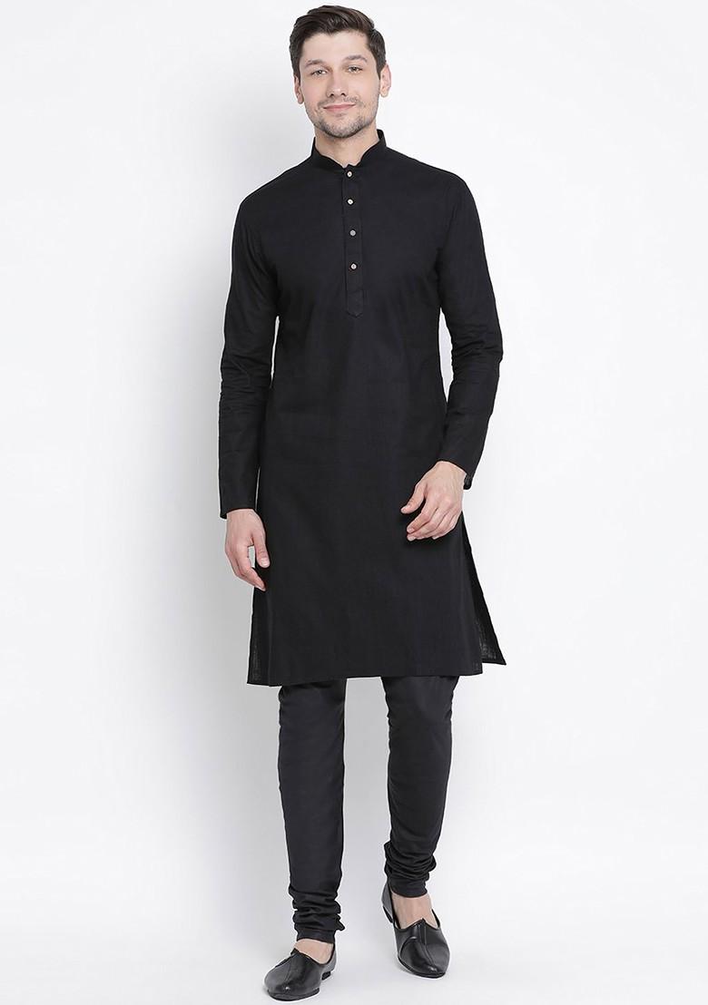 Black Solid Poly Blend Kurta Set For Men