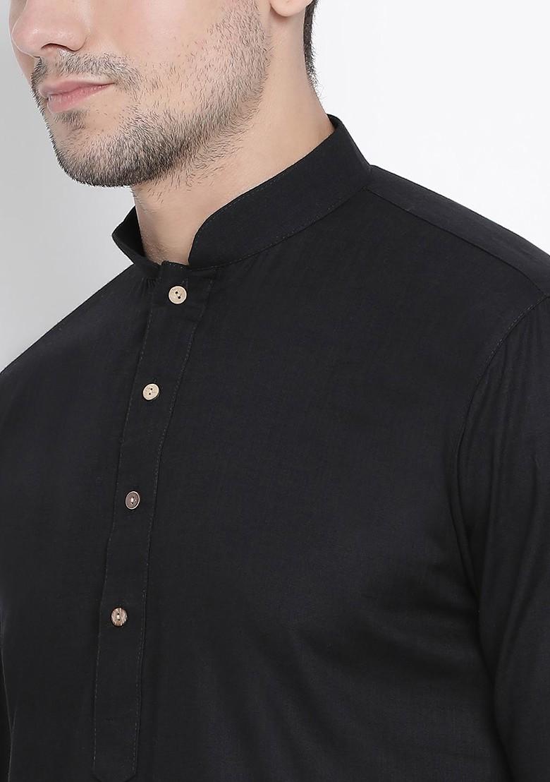 Black Solid Poly Blend Kurta Set For Men