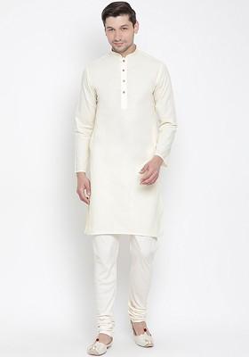 Beige Solid Poly Blend Kurta Set For Men