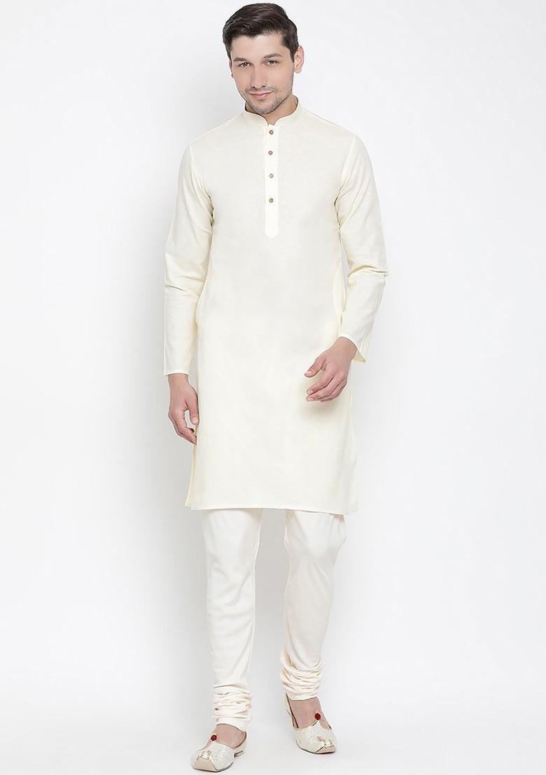 Beige Solid Poly Blend Kurta Set For Men