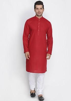 Red Solid Poly Blend Kurta Set For Men