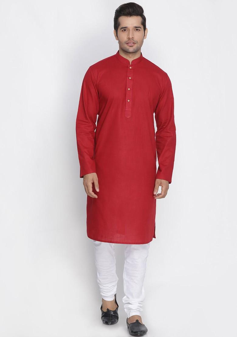 Red Solid Poly Blend Kurta Set For Men