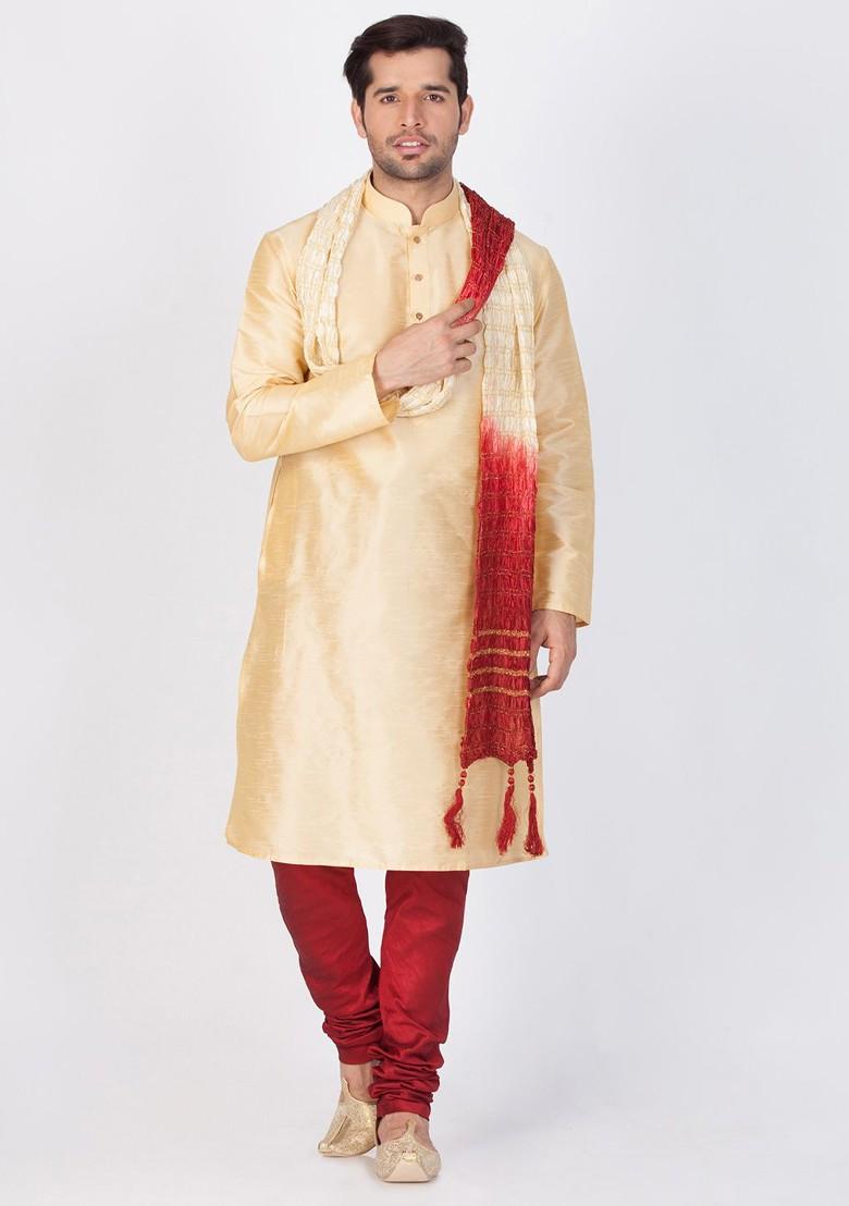 Gold Solid Poly Blend Kurta Set For Men