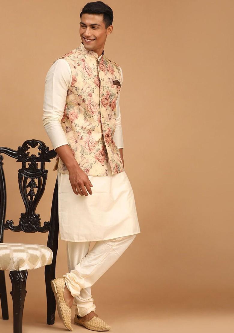 Cream Printed Poly Blend Kurta Set For Men