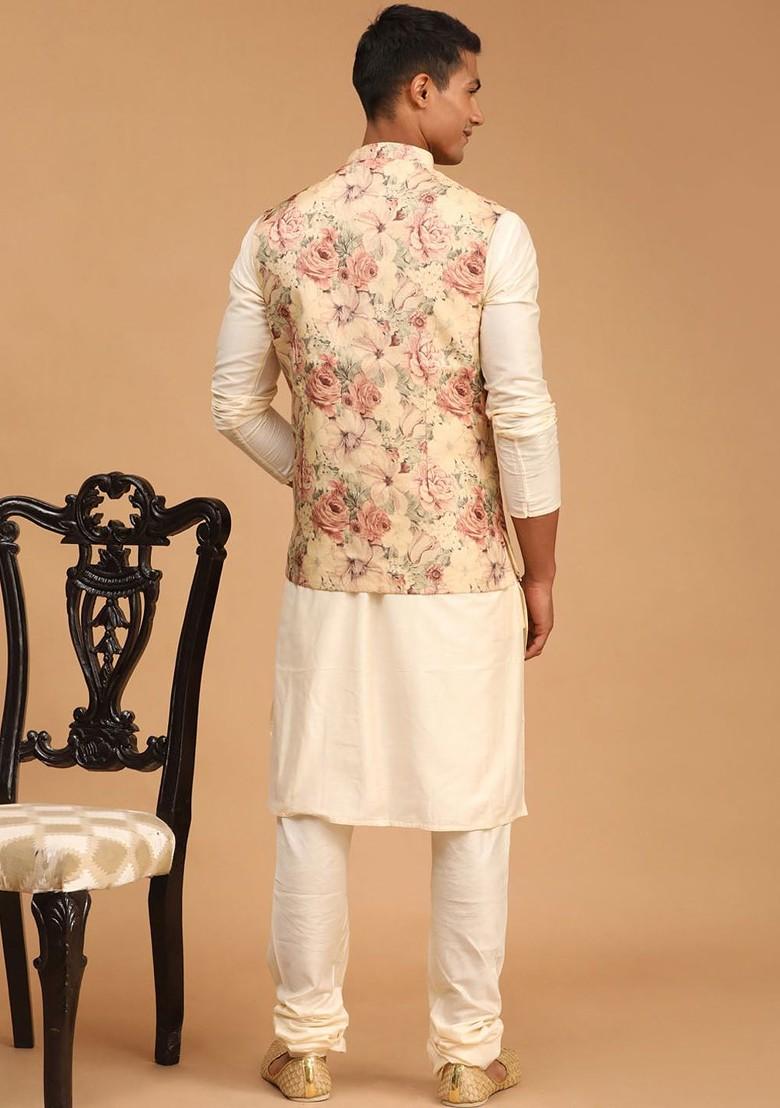 Cream Printed Poly Blend Kurta Set For Men