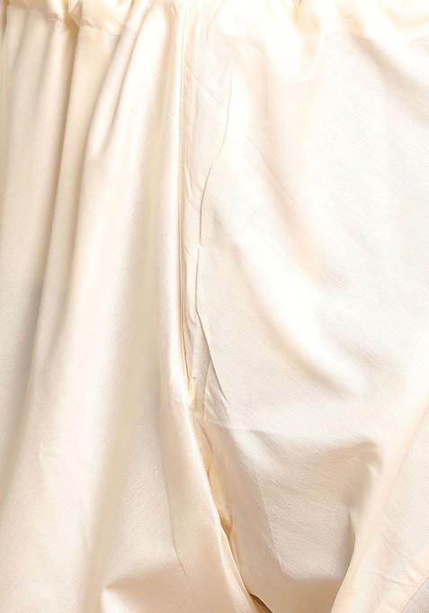 Cream Printed Poly Blend Kurta Set For Men