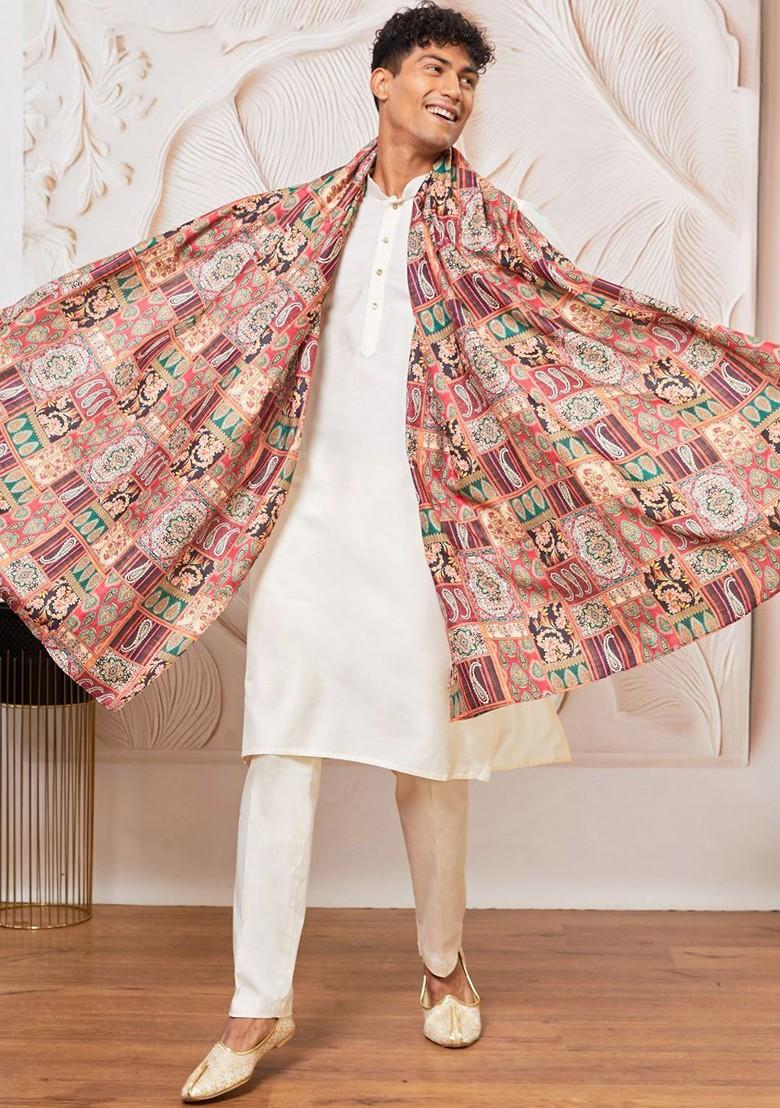 Cream Solid Poly Blend Kurta Set For Men