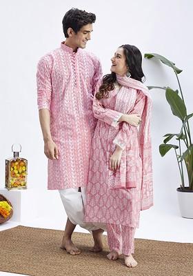 Pink Floral Print Cotton Kurta Set For Men
