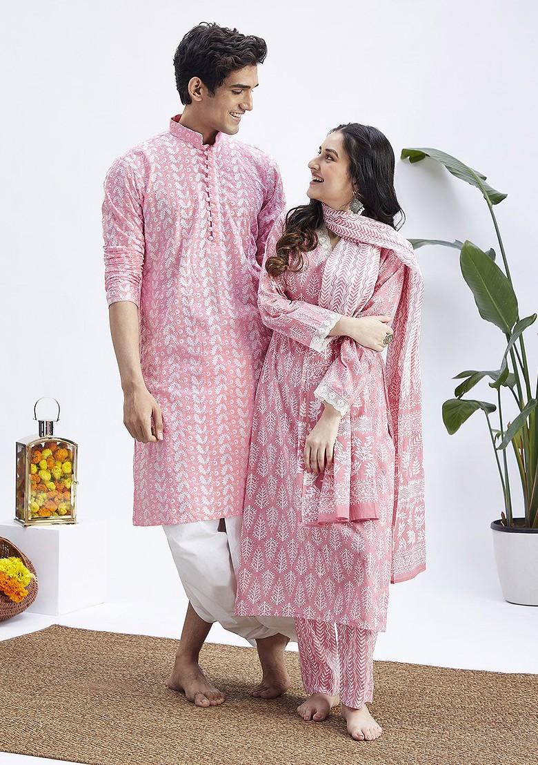 Pink Floral Print Cotton Kurta Set For Men