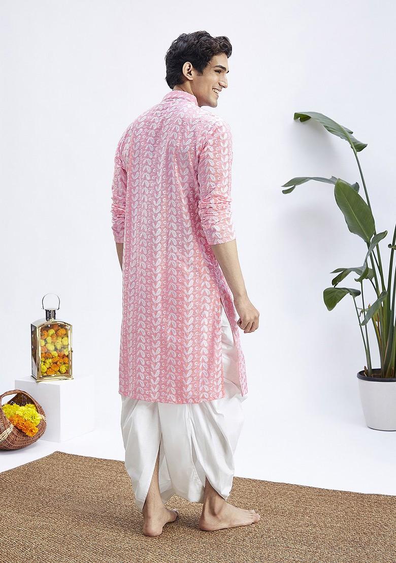Pink Floral Print Cotton Kurta Set For Men
