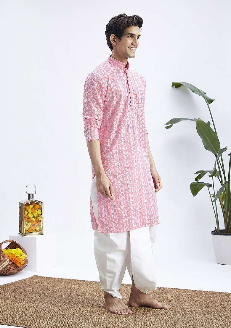 Pink Floral Print Cotton Kurta Set For Men - Indya