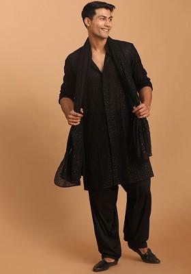 Black Sequin Work Georgette Kurta Set For Men