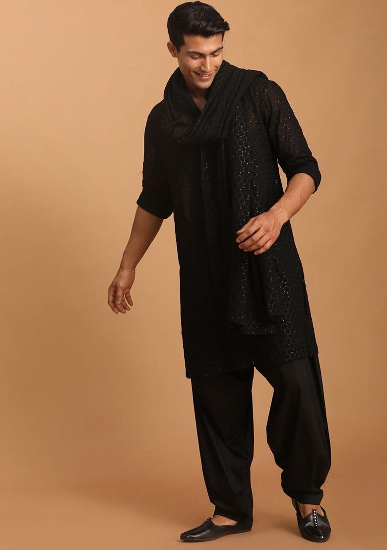 Black Sequin Work Georgette Kurta Set For Men
