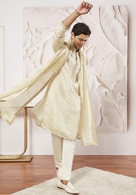 Cream Floral Print Poly Blend Kurta Set For Men