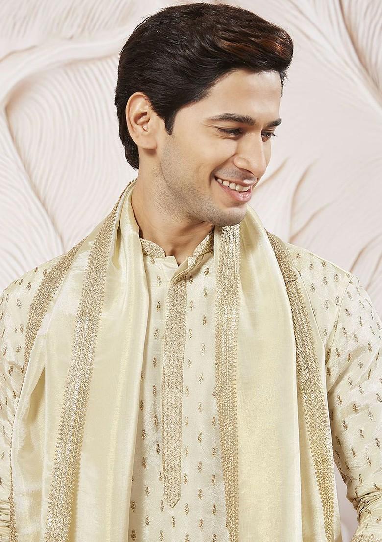 Cream Floral Print Poly Blend Kurta Set For Men