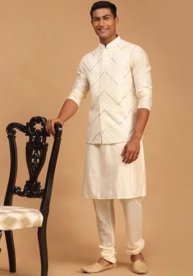 Cream Mirror Work Poly Blend Kurta Set For Men
