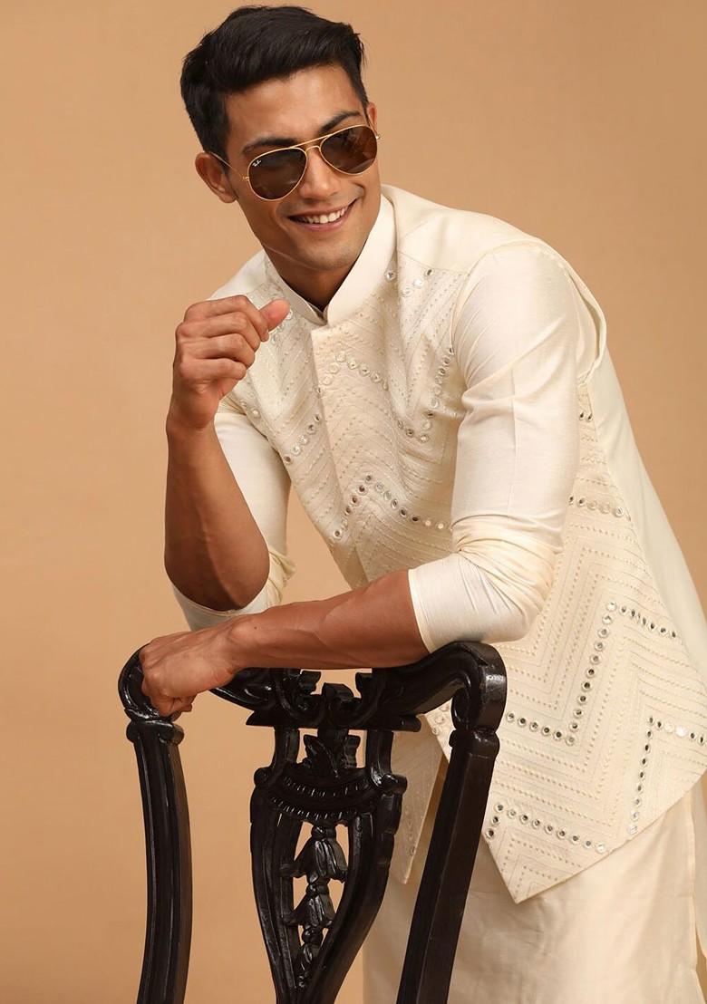 Cream Mirror Work Poly Blend Kurta Set For Men
