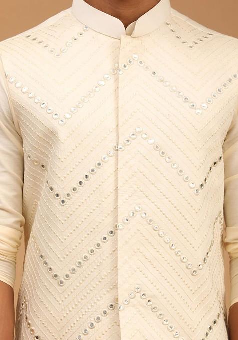 Cream Mirror Work Poly Blend Kurta Set For Men
