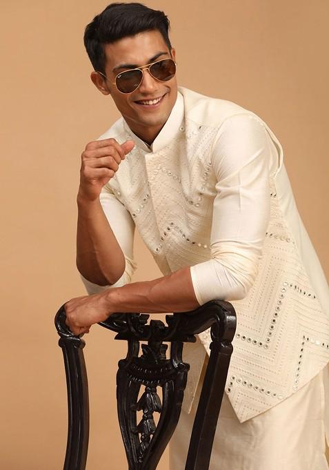 Cream Mirror Work Poly Blend Kurta Set For Men