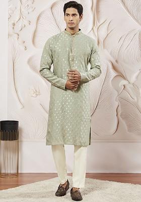 Green Ethnic Motifs Poly Blend Kurta Set For Men