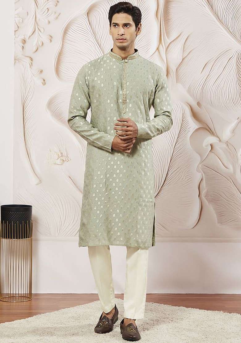 Green Ethnic Motifs Poly Blend Kurta Set For Men - Indya
