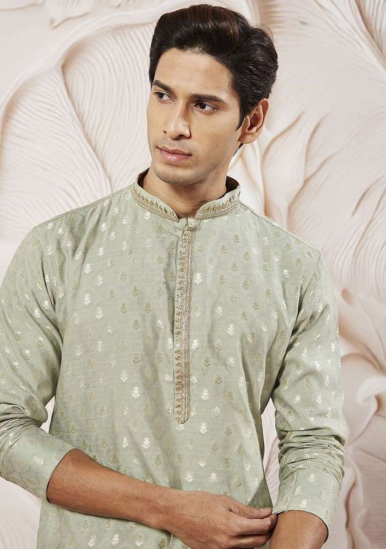 Green Ethnic Motifs Poly Blend Kurta Set For Men - Indya