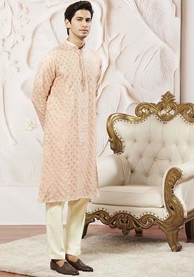 Peach Ethnic Motifs Poly Blend Kurta Set For Men