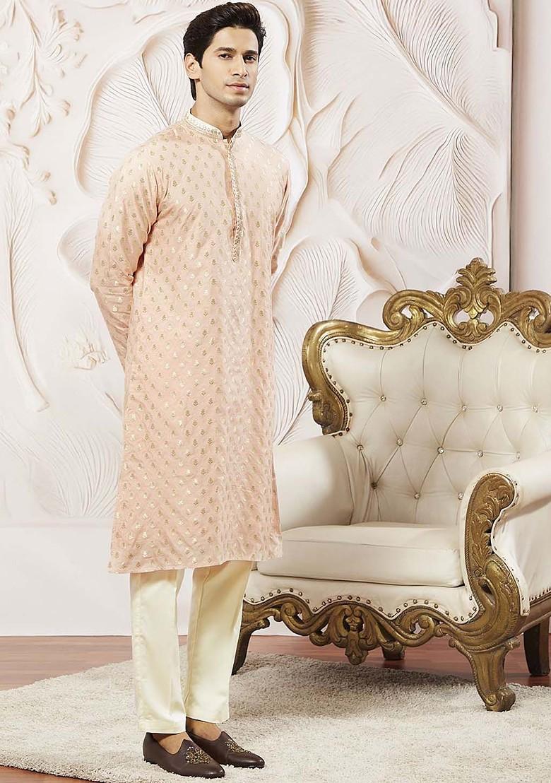 Peach Ethnic Motifs Poly Blend Kurta Set For Men