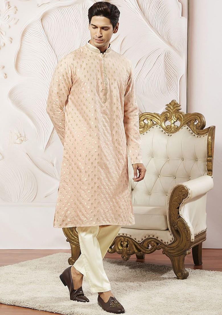 Peach Ethnic Motifs Poly Blend Kurta Set For Men