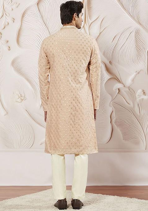 Peach Ethnic Motifs Poly Blend Kurta Set For Men