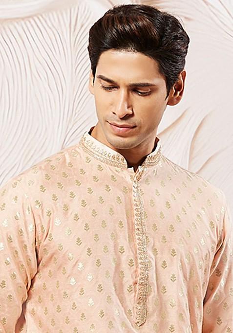 Peach Ethnic Motifs Poly Blend Kurta Set For Men