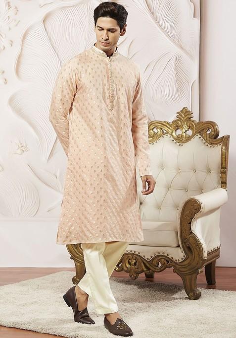 Peach Ethnic Motifs Poly Blend Kurta Set For Men