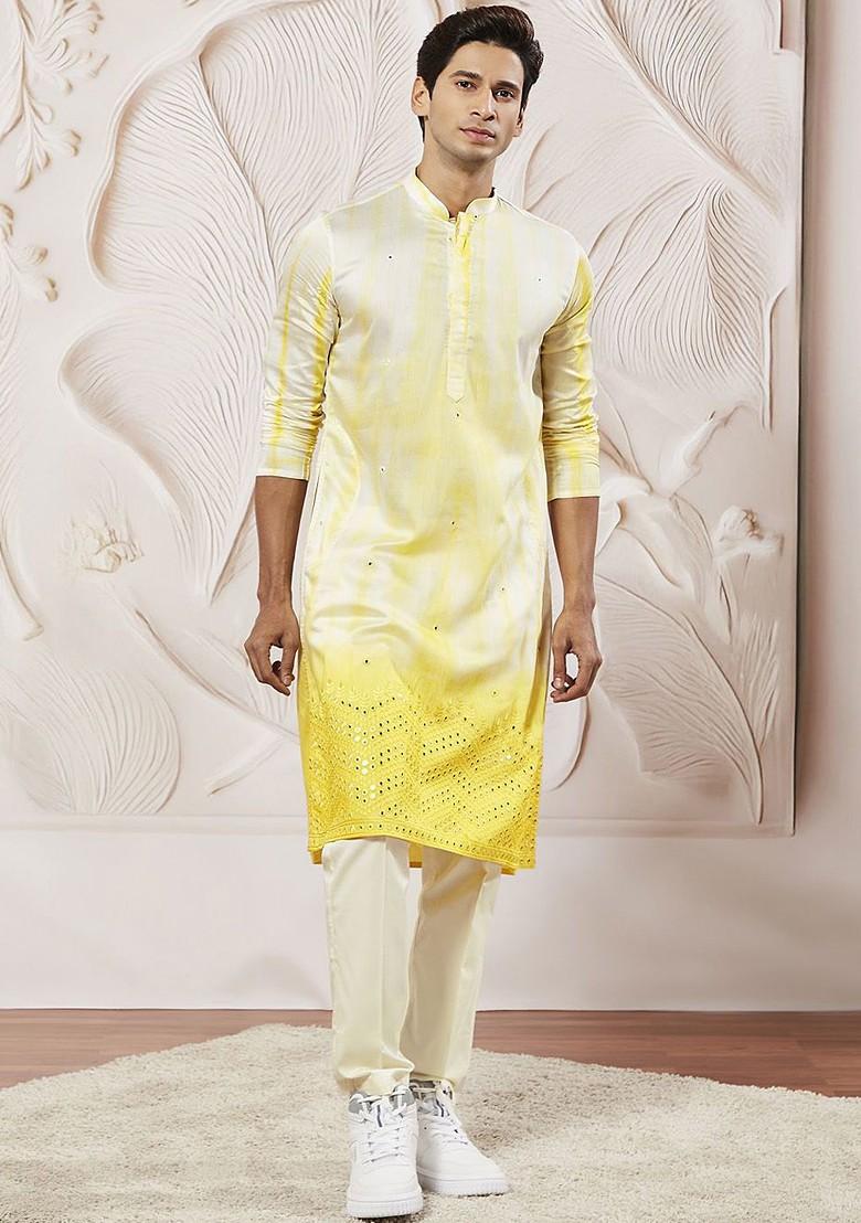 Yellow Embroidered Poly Blend Kurta Set For Men