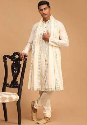 Cream Mirror Work Poly Blend Kurta Set For Men