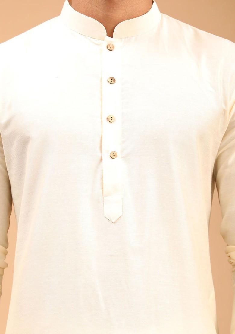Cream Mirror Work Poly Blend Kurta Set For Men