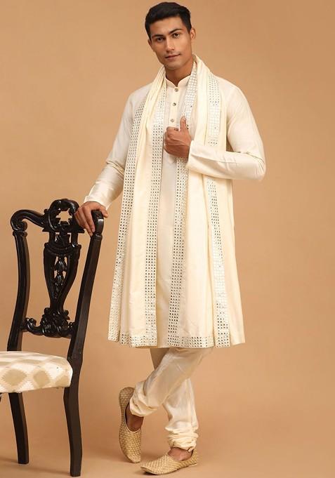 Cream Mirror Work Poly Blend Kurta Set For Men