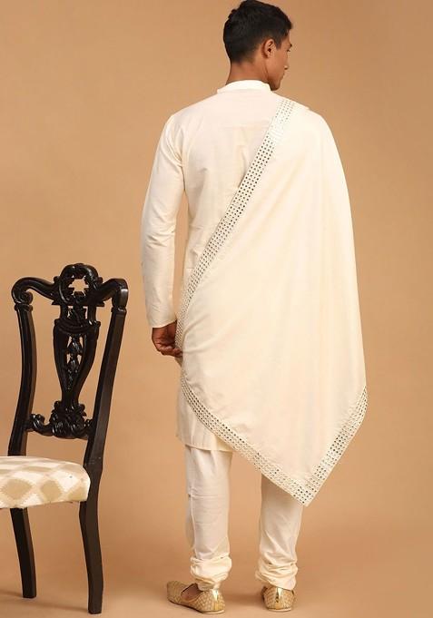 Cream Mirror Work Poly Blend Kurta Set For Men