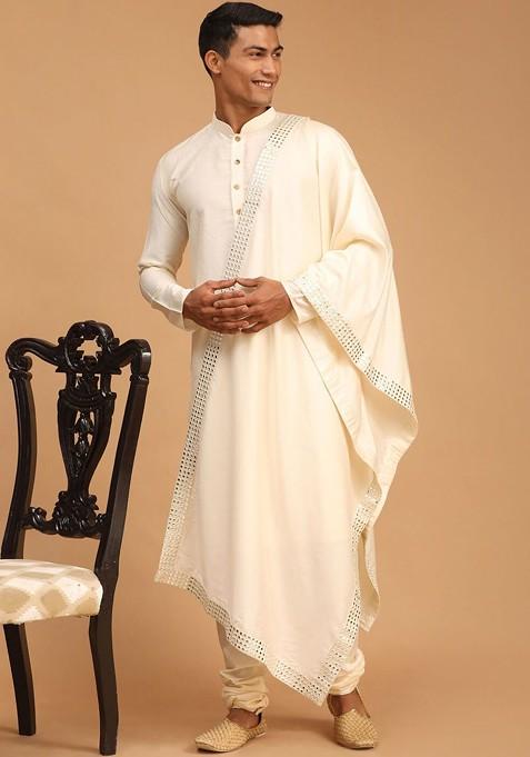 Cream Mirror Work Poly Blend Kurta Set For Men